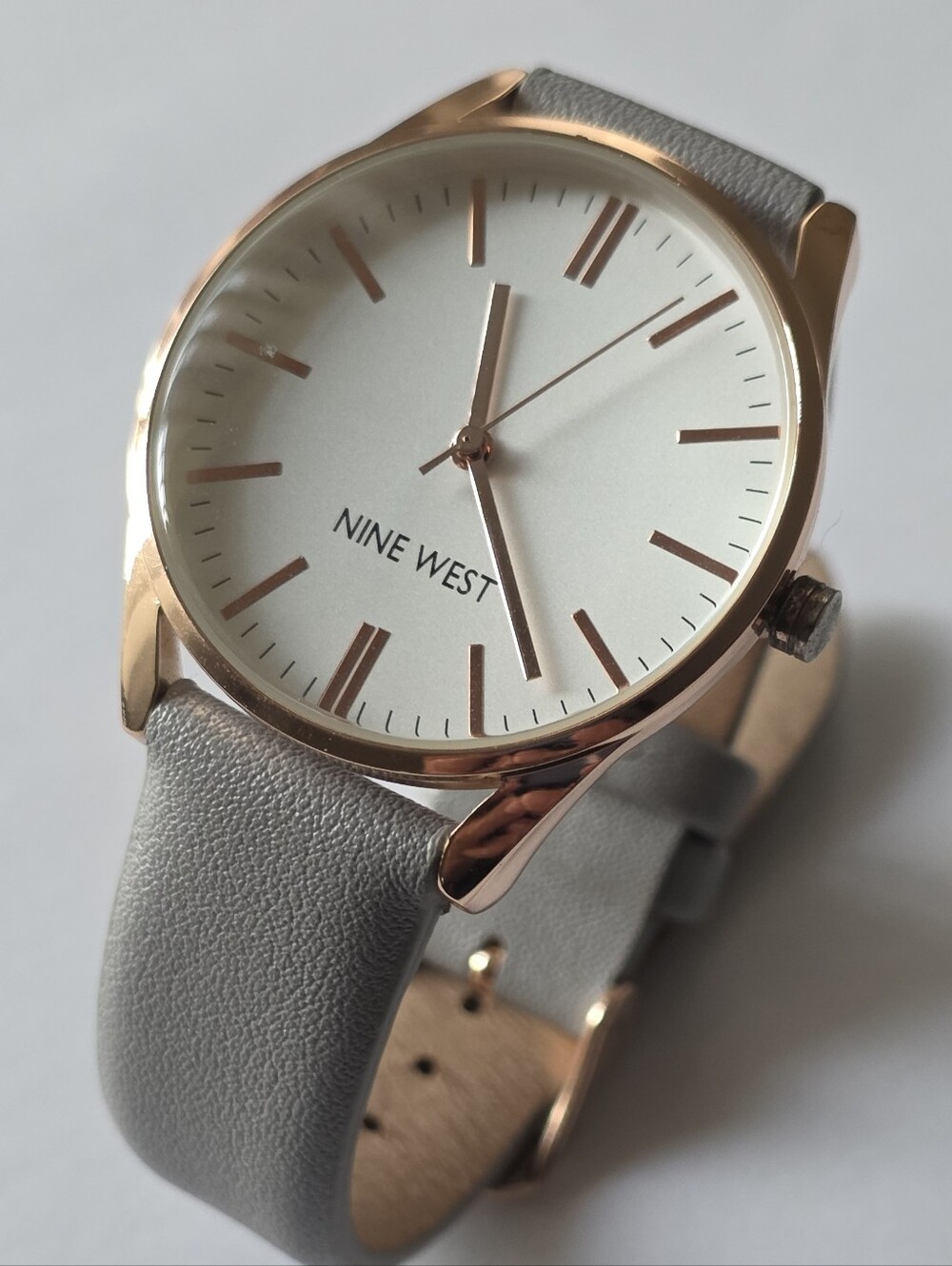 Nine West Soft Gray Leather Strap Watch with Rose Gold Case